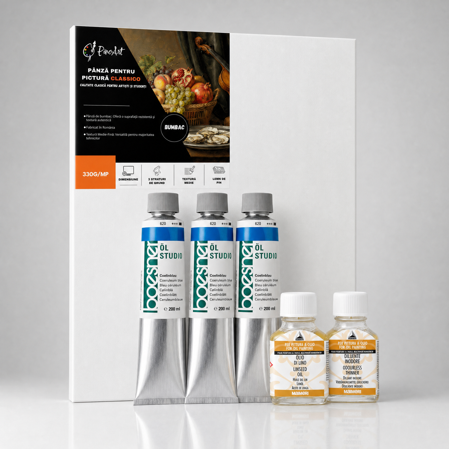 Kit Pictură în Ulei Complet – Boesner 200ml × 3 + Maimeri Medii + Pânză Classico