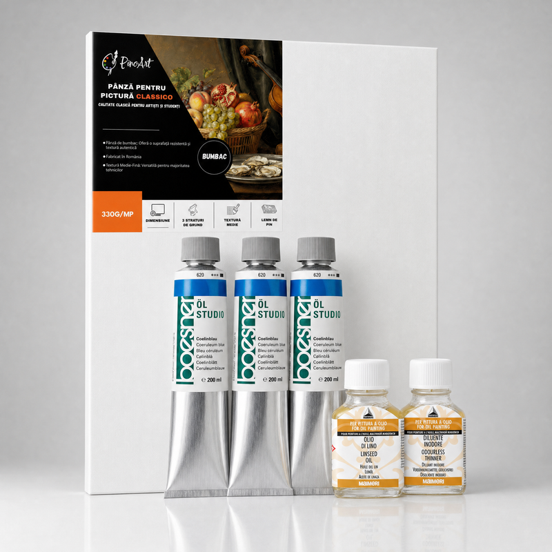 Kit Pictură în Ulei Complet – Boesner 200ml × 3 + Maimeri Medii + Pânză Classico