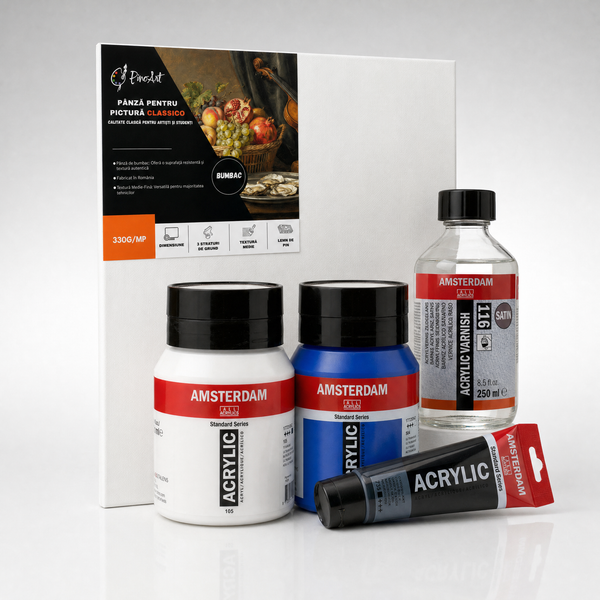 Kit Acrilic Studio Profesional – Amsterdam 500ml + Pânză Classico 40×50 + Vernis Satin