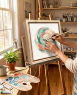 Persoană care pictează un tablou abstract cald pe pânză în ramă floating, pe șevalet, într-un atelier luminos — PinoArt