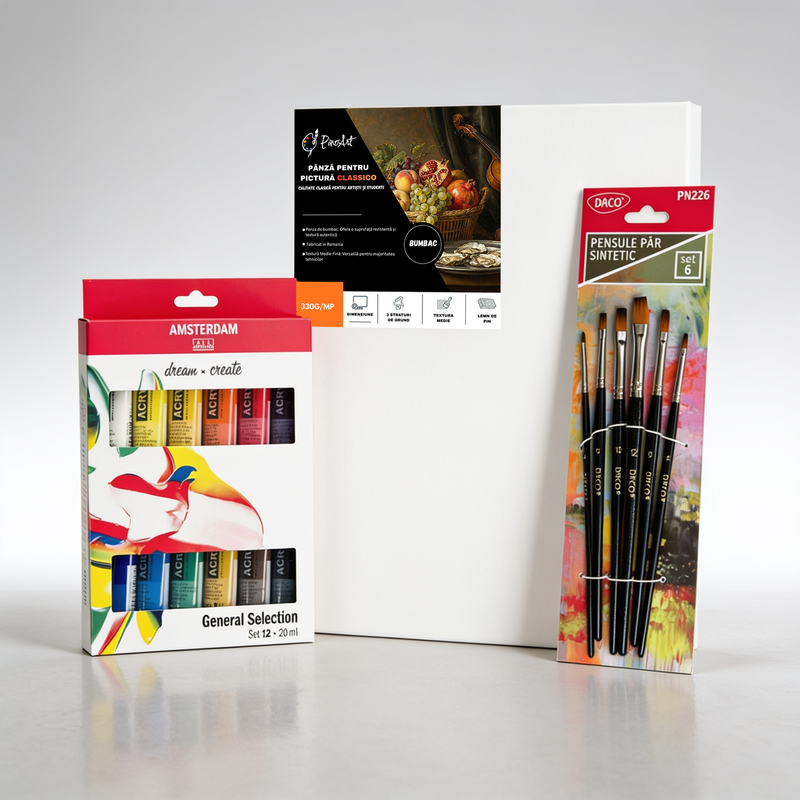 Kit Start Pictură Acrilică – Set Complet Începători Amsterdam + Pensule + Pânză