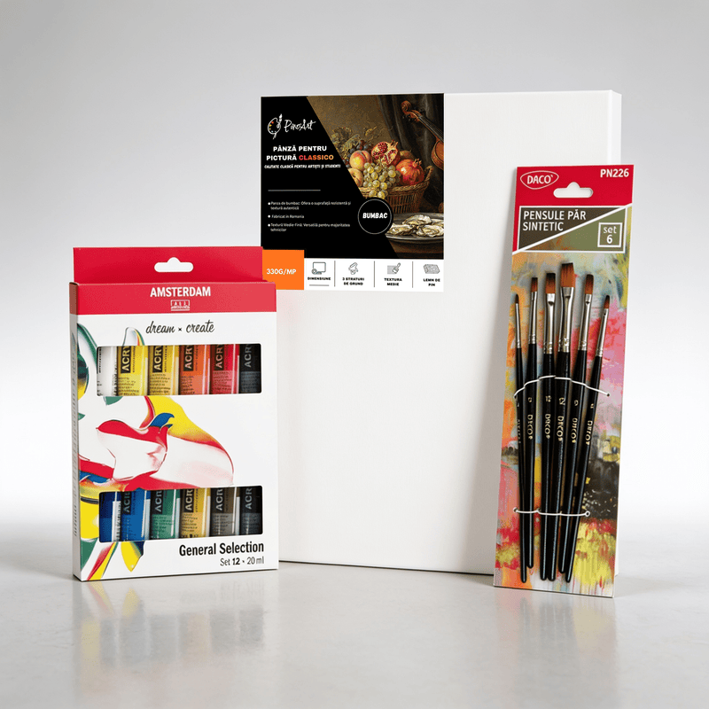 Kit Start Pictură Acrilică – Set Complet Începători Amsterdam + Pensule + Pânză