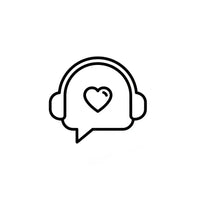Minimalist headset or chat bubble icon with a small heart inside, clean line-art, friendly modern style, no background.