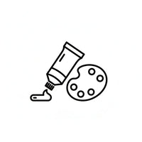 Minimalist line-art icon of a paint tube and a small palette, clean black outline, simple shapes, modern flat style, no text, white background.